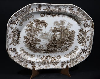 Antique Morea Pattern Brown Transferware Platter 1840s English Minton Staffordshire China, Wall Decor