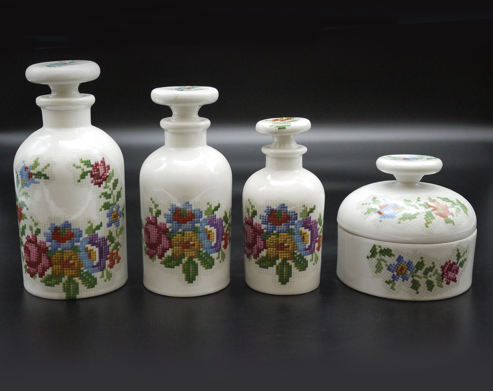 French Paris Porcelain Floral Vanity Set, S/4