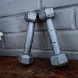 May include: Two weathered, silver dumbbells leaning against a grey brick wall. The dumbbells have a hexagonal shape and show signs of wear. A Mickey Mouse figurine is partially visible in the background.