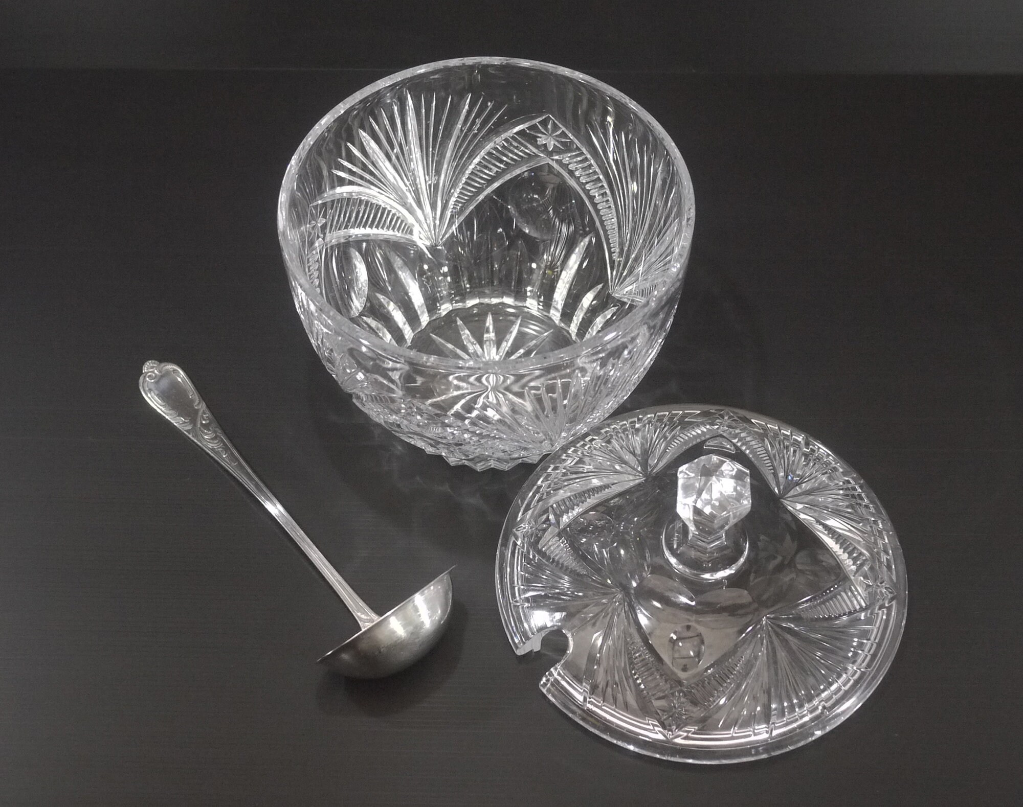 French Cut Crystal Punch Bowl with Lid Vintage Party Table Decor