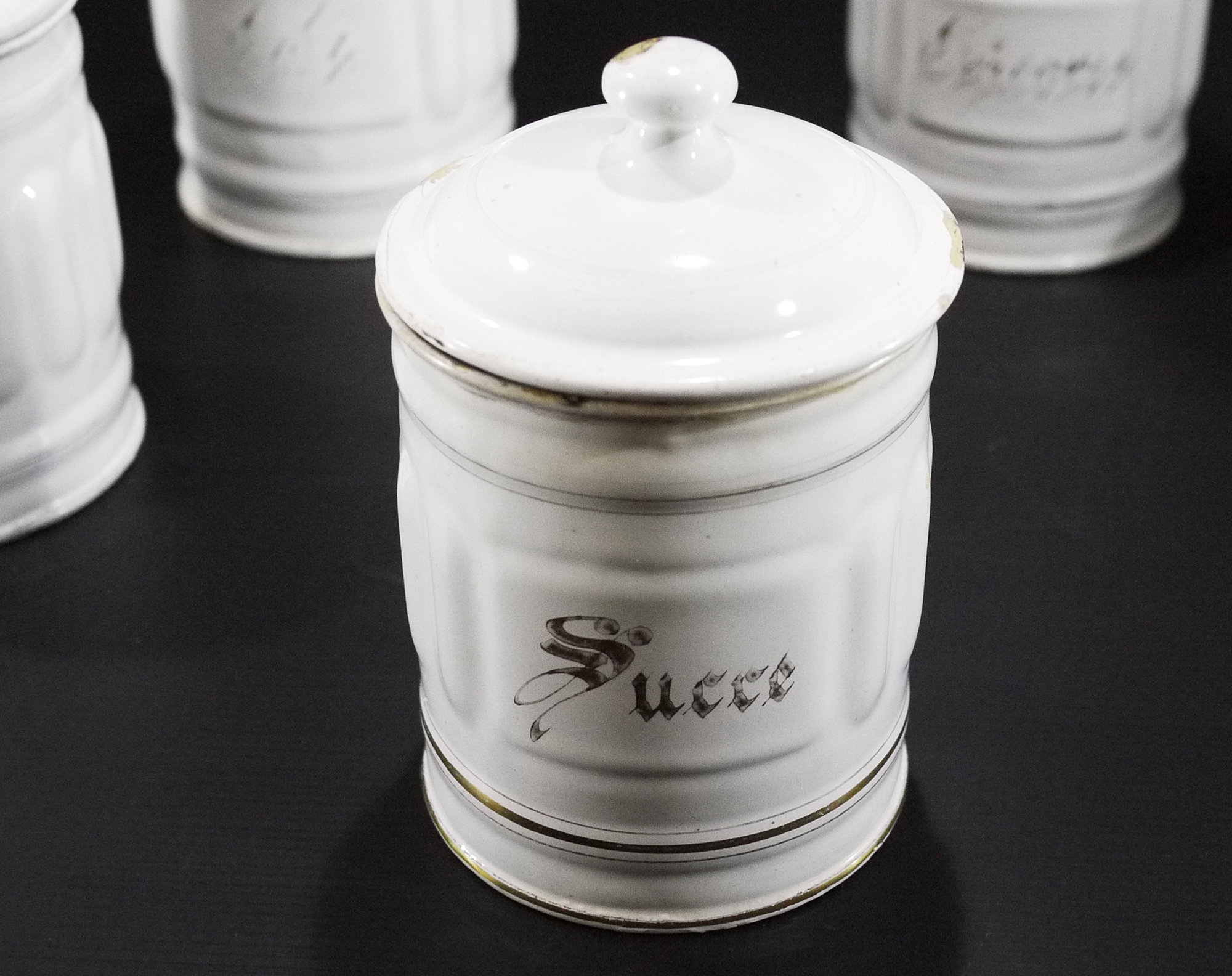 French Antique Enamel Kitchen Canister set White and Gold with Lid set of 6