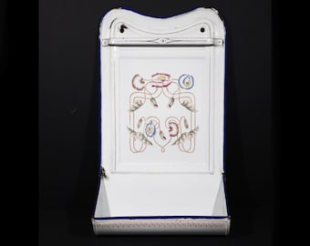 French Antique White Enamelware Utensil Display Rack Art Nouveau Floral Enameled Kitchenware