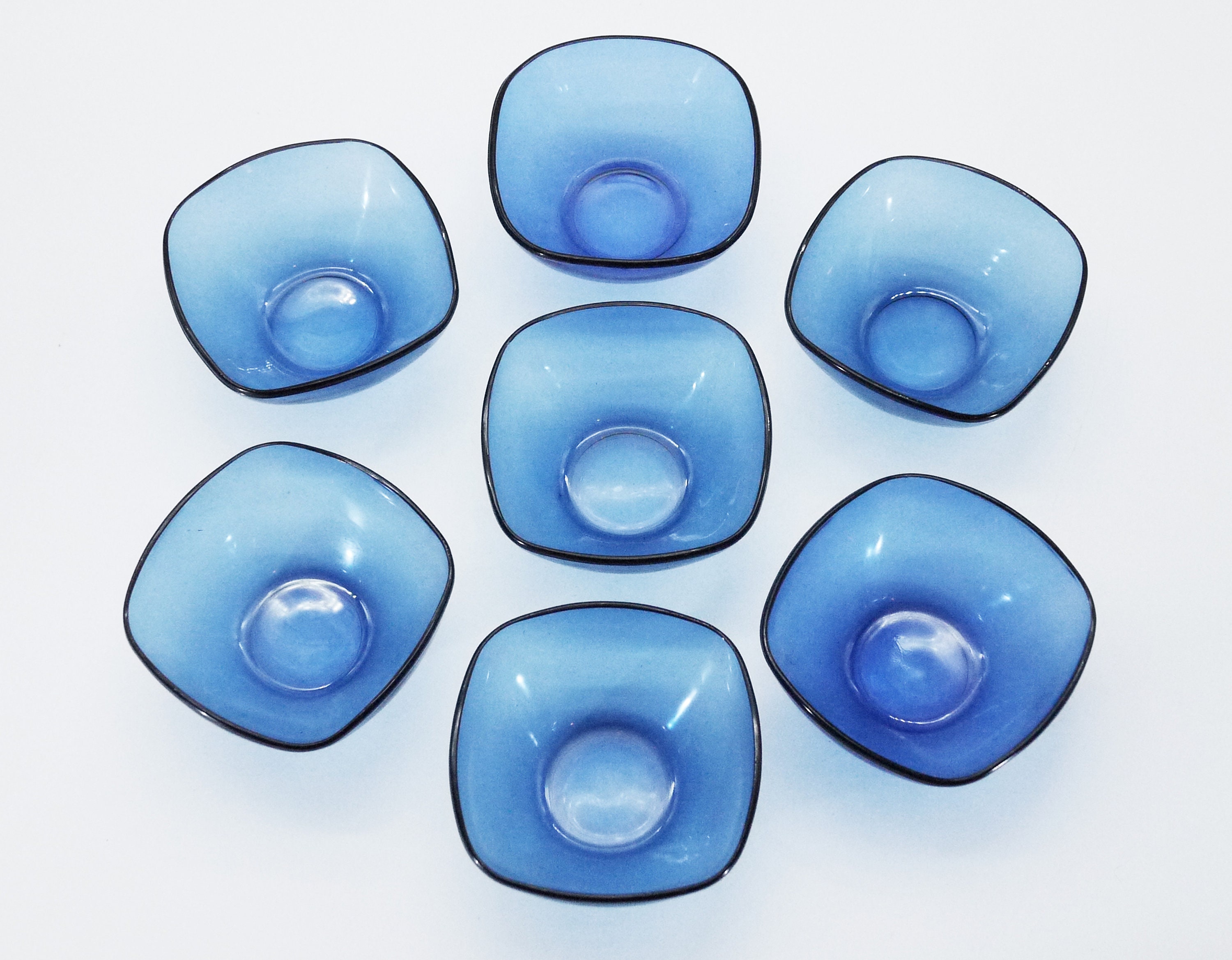 French Vereco Blue Glass Dessert Bowls, S/7