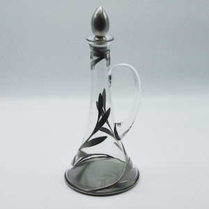 Art Nouveau Style Decanter Glass and Pewter Wine Carafe, Vintage Barware