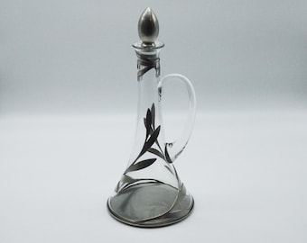 Art Nouveau Style Decanter Glass and Pewter Wine Carafe, Vintage Barware