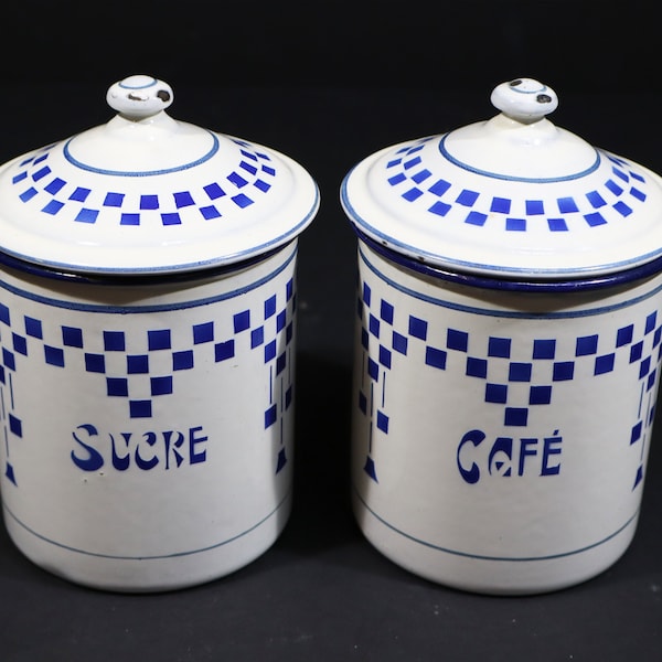 French Lustucru Pattern Enamel Kitchen Canister set