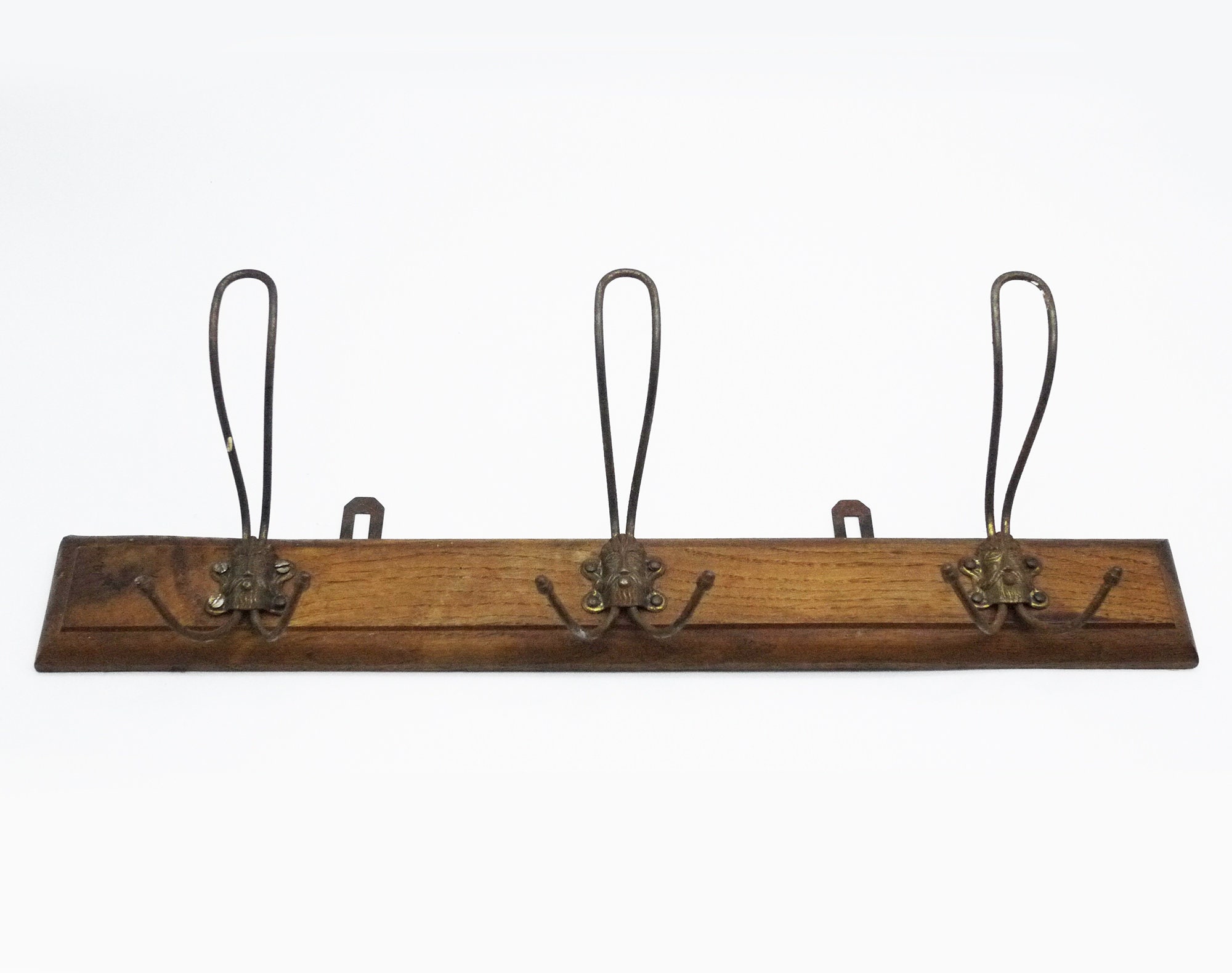 French Coat Rack, Wood and Wire Coat Hooks, 1950s Rustic Entrance Hall