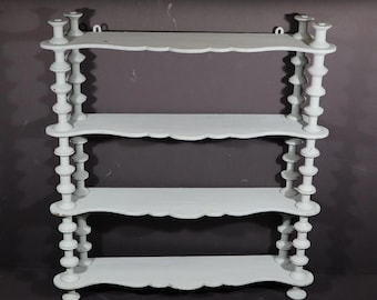 French Antique Folk Art Spindle Wall Shelf Wooden Bobbin Wall Shelving Unit Light Blue
