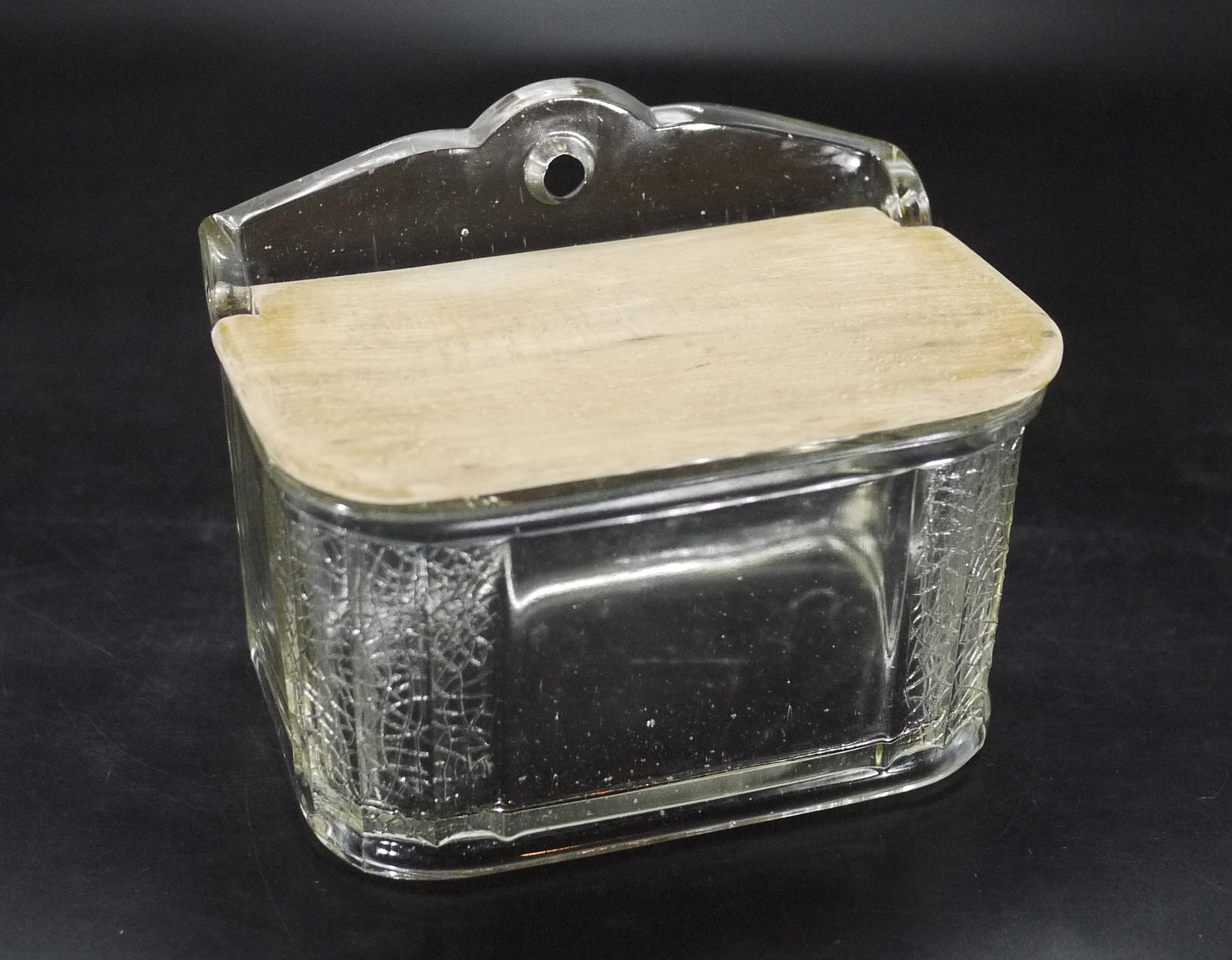 Vintage French Glass & Wood Salt Box