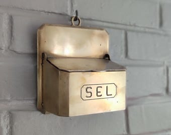 French Brass Salt Box in Brass - Vintage Wall Hanging Kitchen Storage