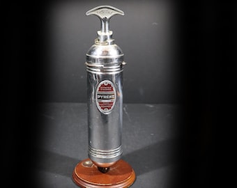 French Vintage PYRENE Fire Extinguisher with Standing Bracket Vintage Chrome Car Safety Accessory