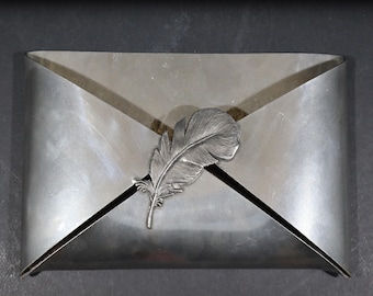 French Pewter Letter Holder Vintage Pewter Feather Menu Holder Metal Napkin Holder
