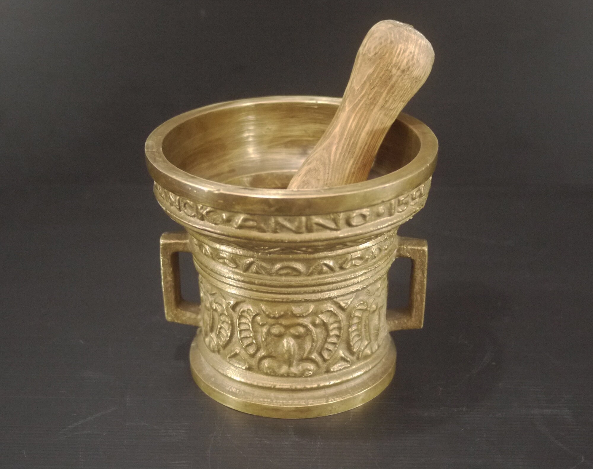 Antique Bronze Mortar and Wood Pestle Verwint Linck Anno 1590