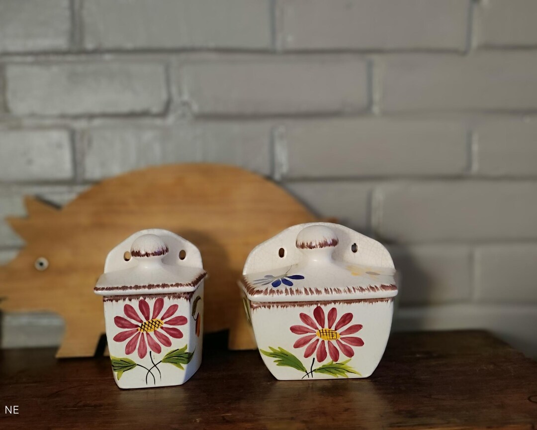 1960年代のフランス製、花柄陶器製蓋付きソルトボックスとスパイス