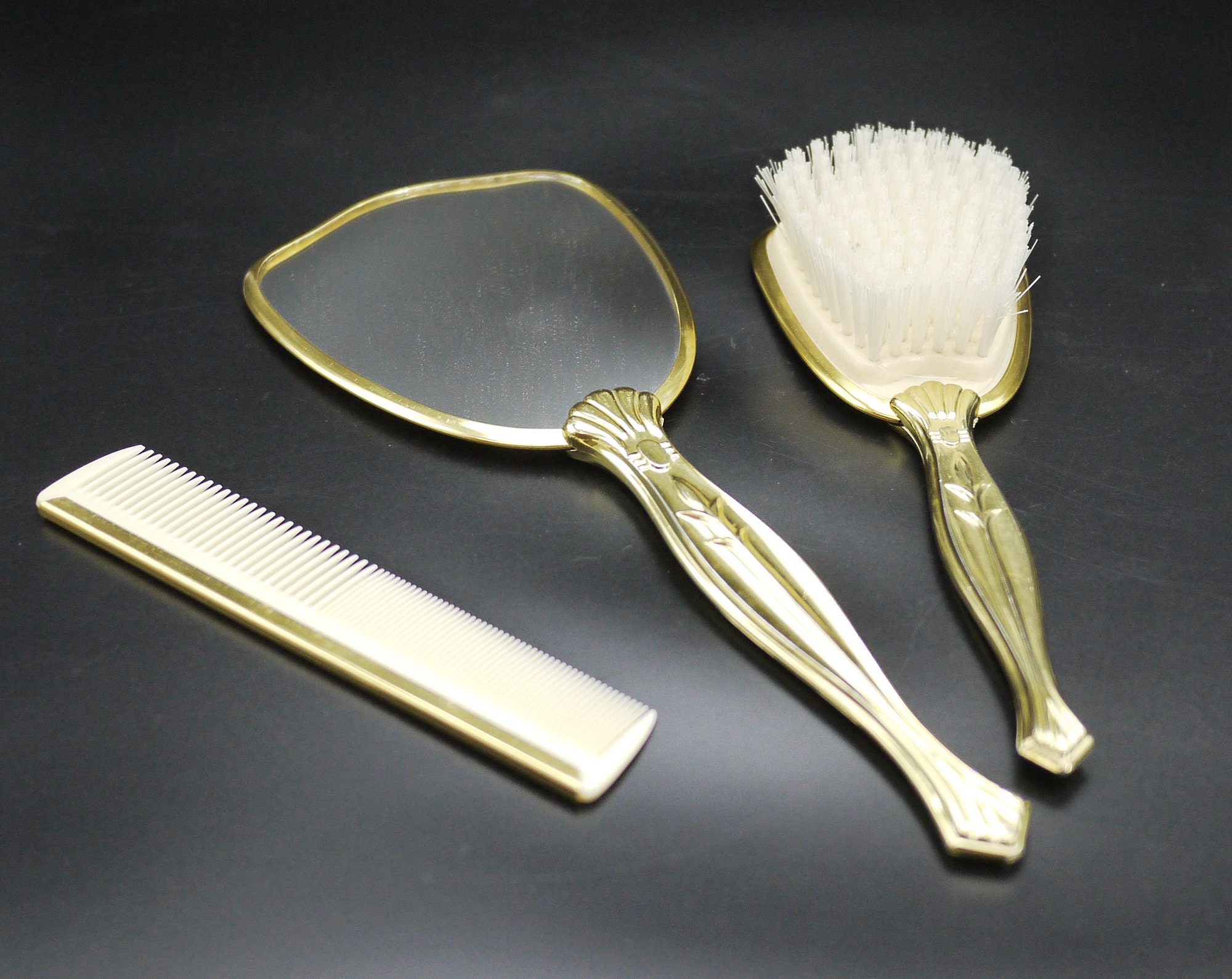 French Floral Vanity Brush Set, Hand Mirror Brush and Comb Set