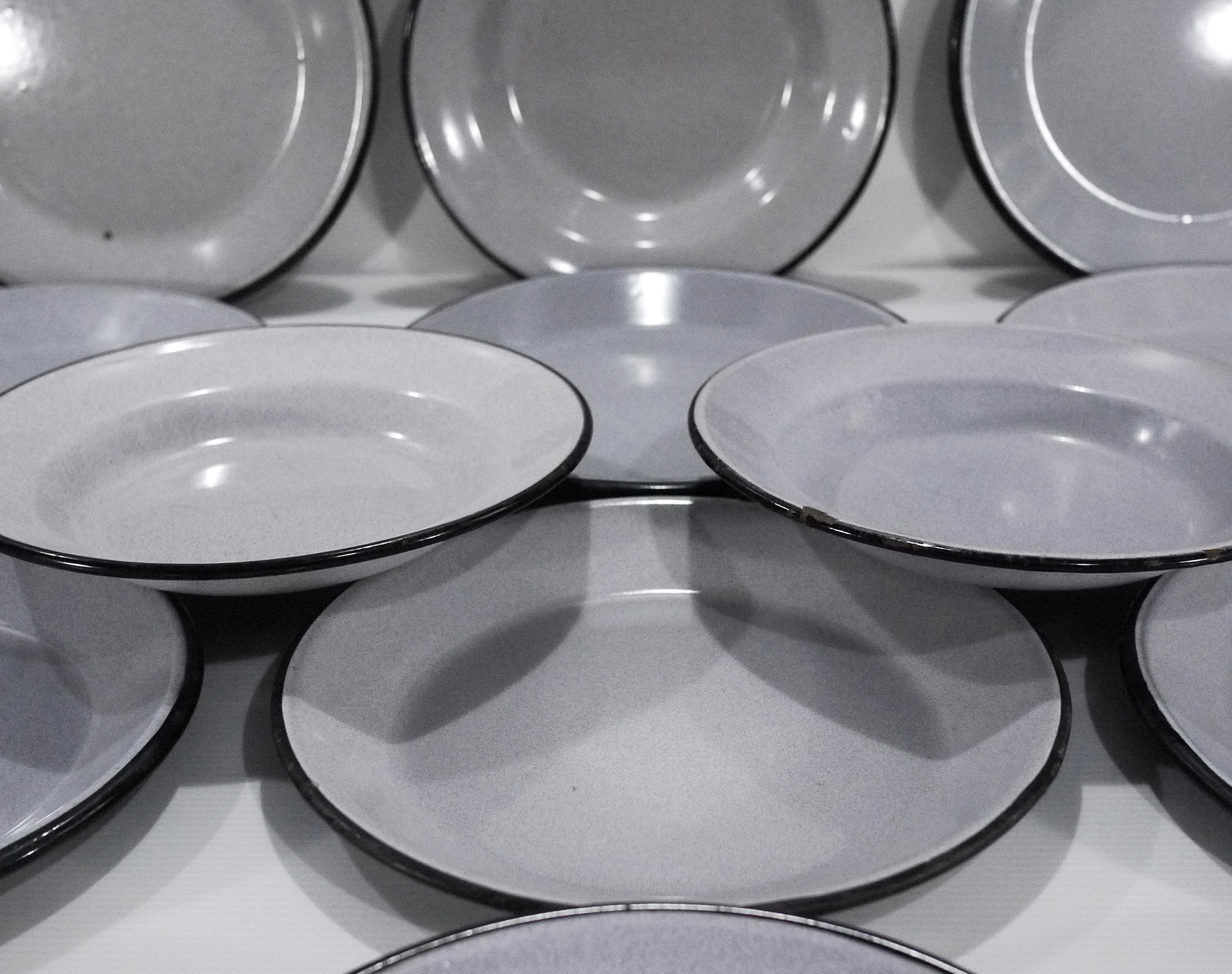 Vintage Enamelware Plate and Bowl Set of 16 Grey and Black Cesco USA