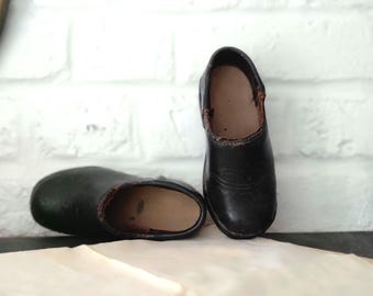 Antique French Child Wooden Clogs – Early 20th Folk Art Pair in Leather & Wood