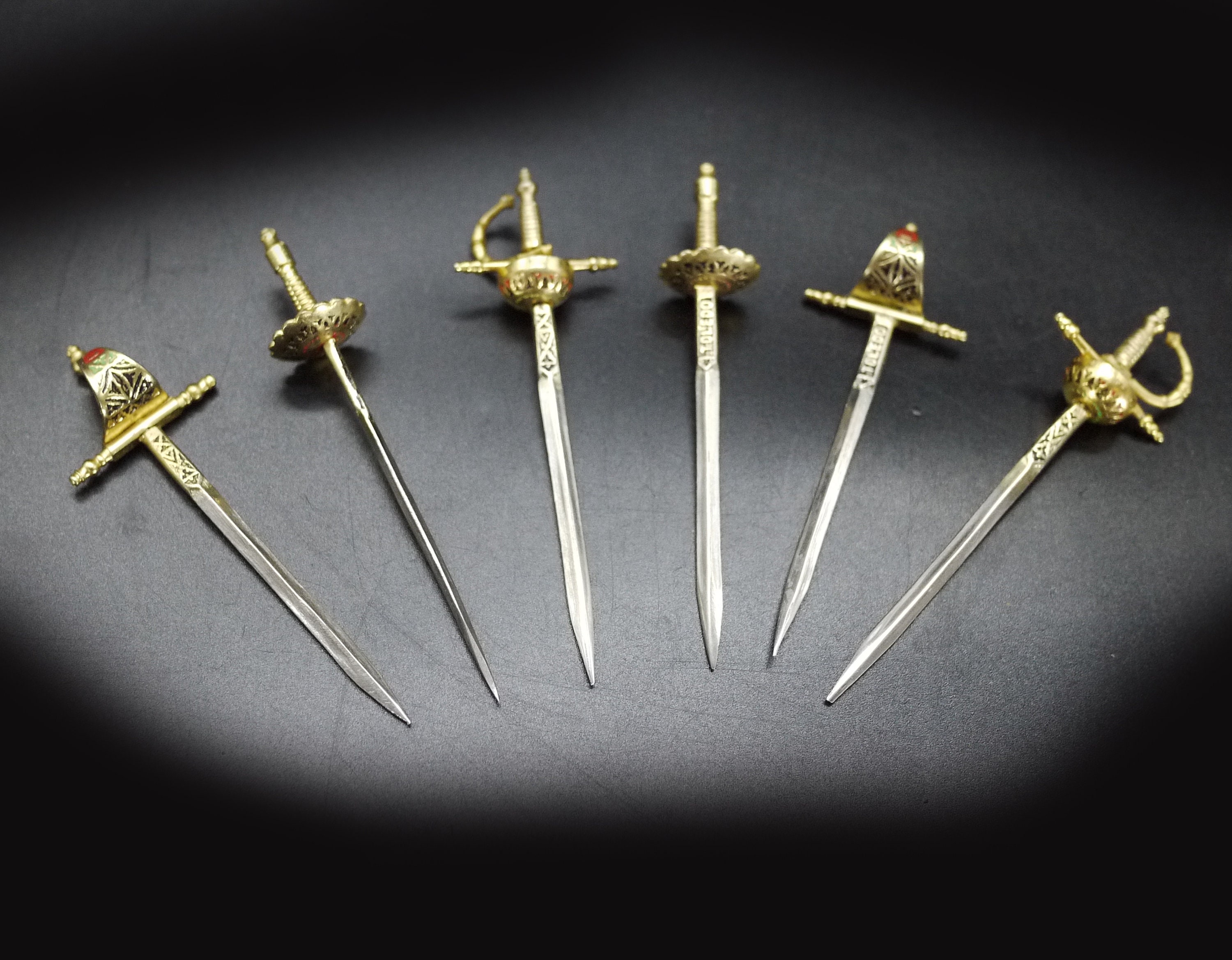 Vintage Brass Sword Cocktail Picks and Stand, Toledo 6 Picks
