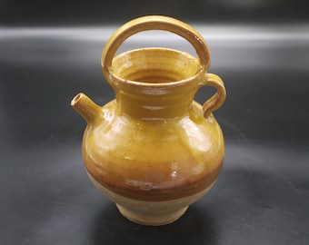 French Glazed Terracotta Wine Jug, Vintage Provence Pottery