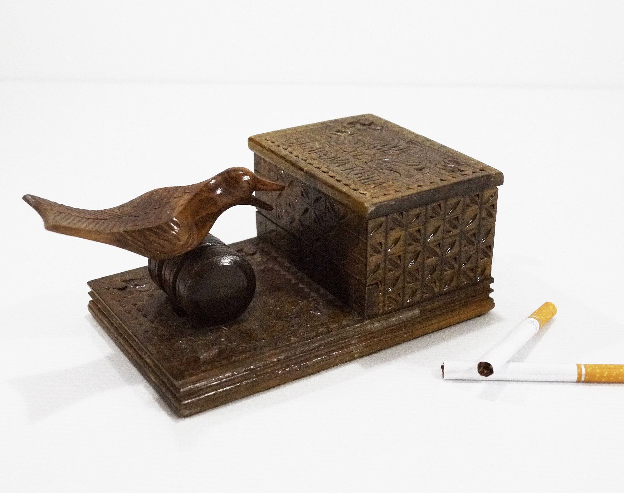 Vintage Bird Cigarette Dispenser, Carved Wooden Cigarette Box Pecking Bird