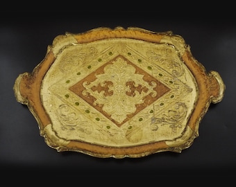 Oval Hand Painted Wood Tray with Florentine Gold Gilt Design