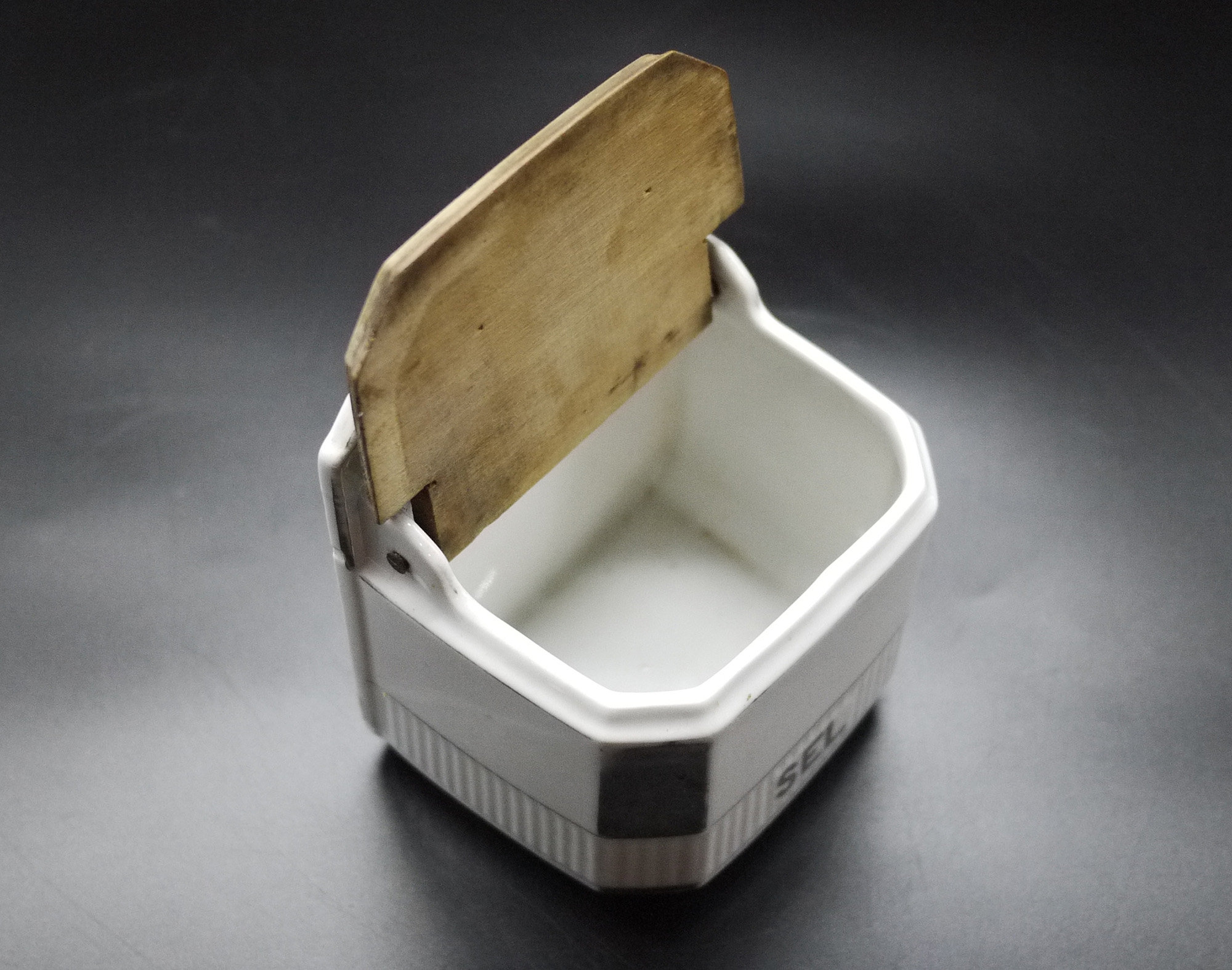 French White Ceramic Salt Box with Wooden Lid