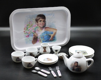 Vintage French Childs Toy Tea Set, Martine Porcelain Breakfast Set, Miniature Dinette Martine