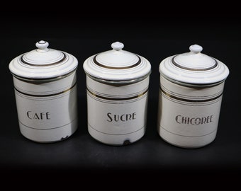 Antique French Enamel Kitchen Canisters by Japy, S/3