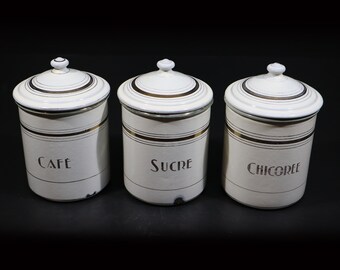 Antique Set of 3 French Chippy White and Gold Enamel Canisters Vintage Cottage Kitchen