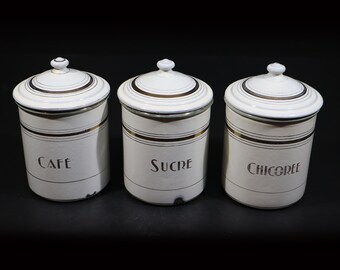 Antique French Enamel Kitchen Canisters by Japy, S/3