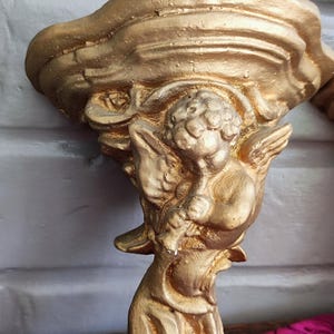 Antique Italian Cherub Wall Sconce Shelf, Gilded Plaster Pair Corbels image 14