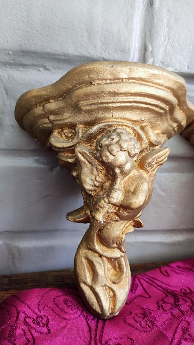 Antique Italian Cherub Wall Sconce Shelf, Gilded Plaster Pair Corbels image 14