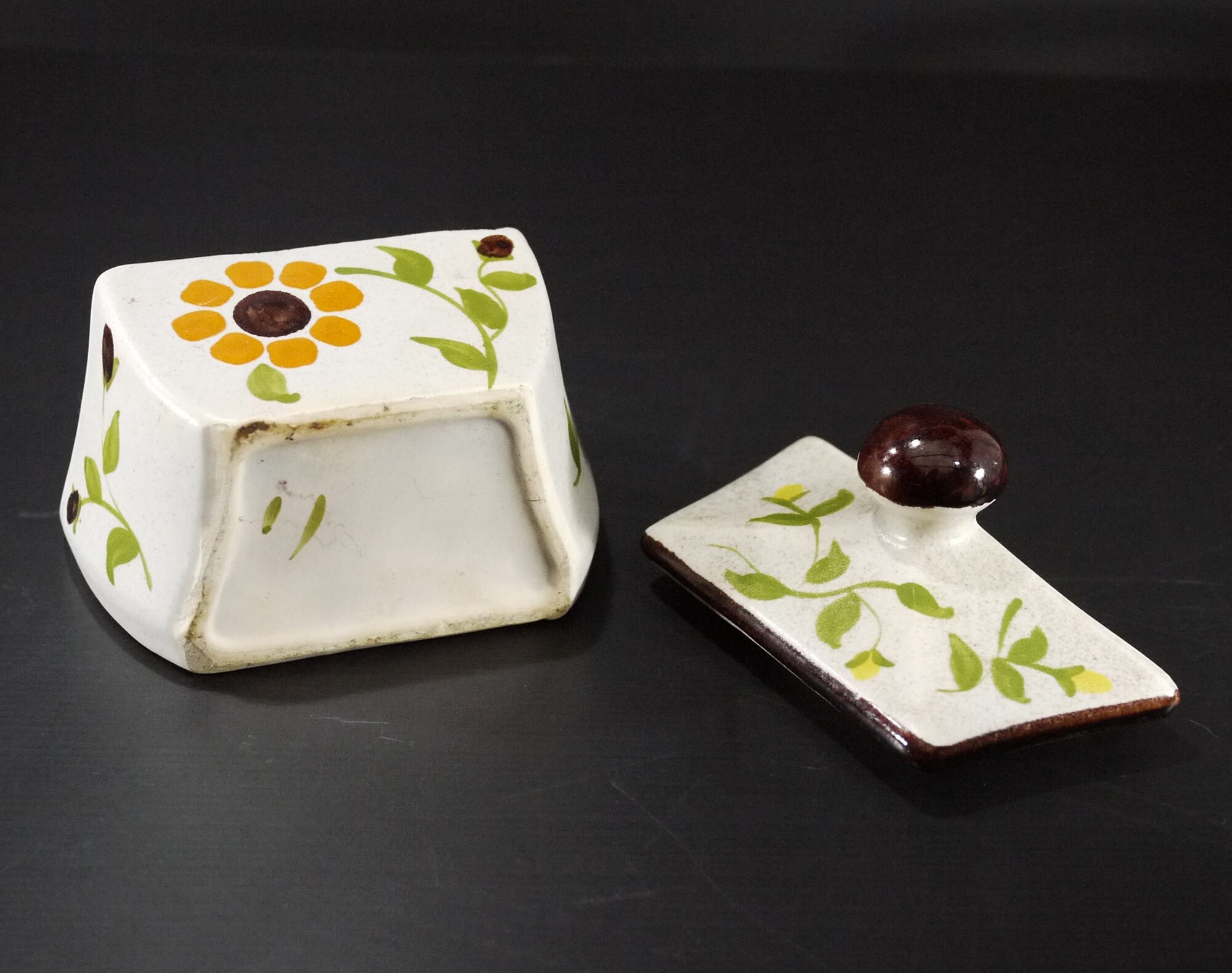 French Ceramic Salt Box, Vintage Hand Painted Daisy Flower Salt Box