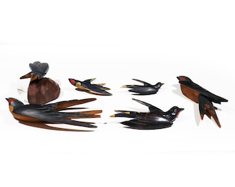 Antique Wooden Flying Swallows Carved Swallows with Nest Good Luck Wall Decor
