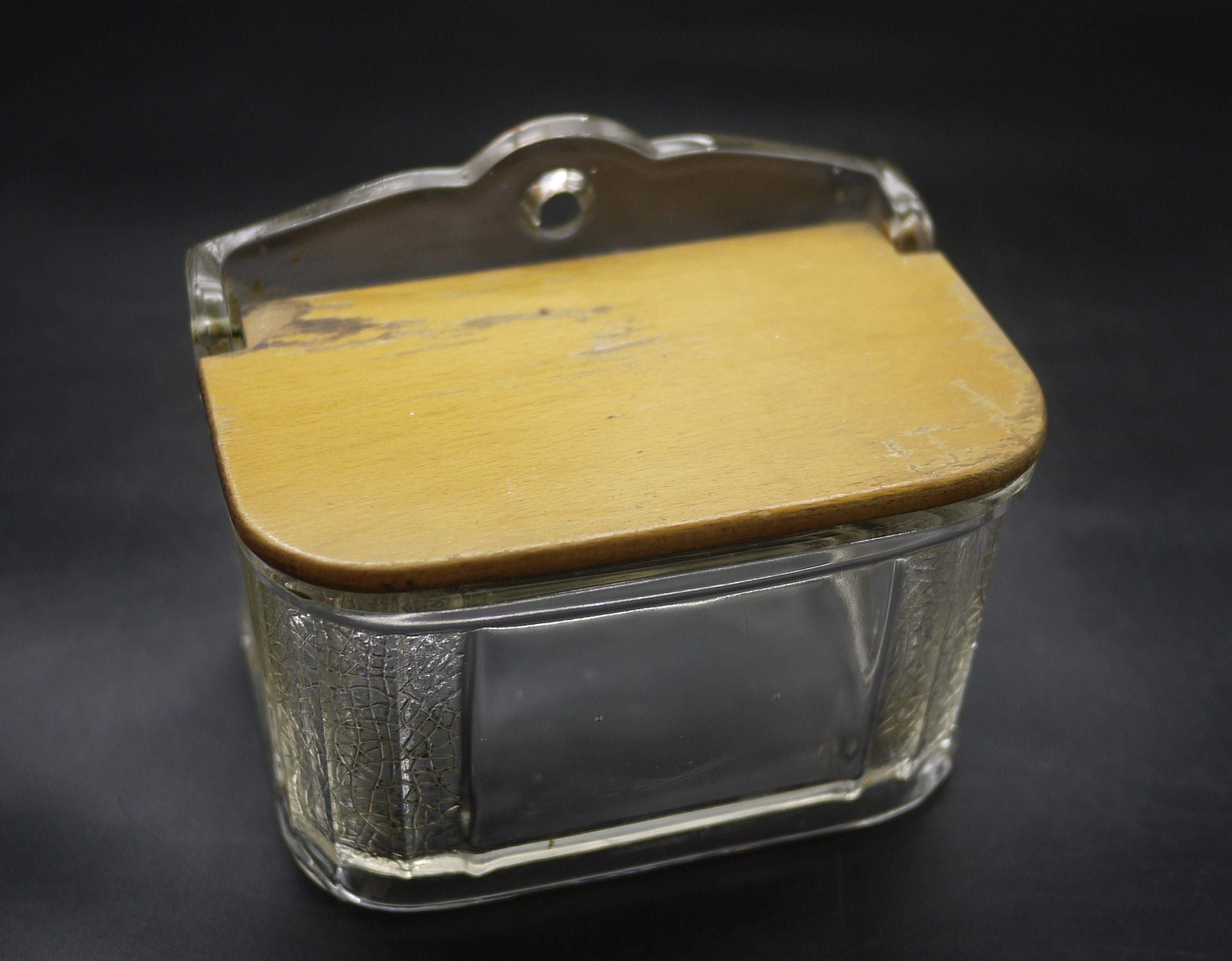 Vintage French Hanging Glass Salt Box With Wood Lid