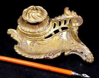 Antique French Bronze Inkwell Desk Set Pen Tray
