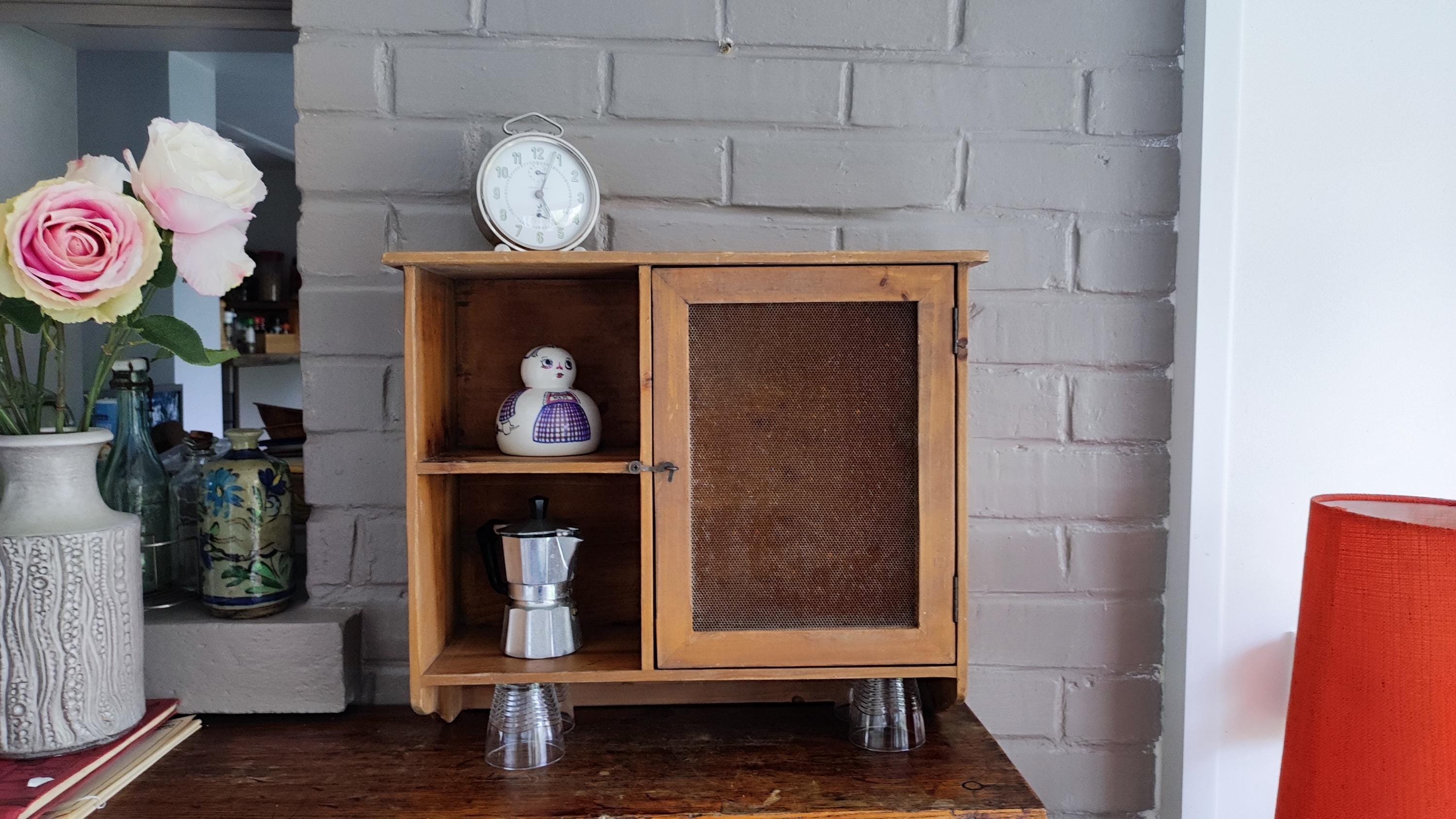 Antique French Food Cheese Safe, Wood and Wire Mesh Kitchen Wall