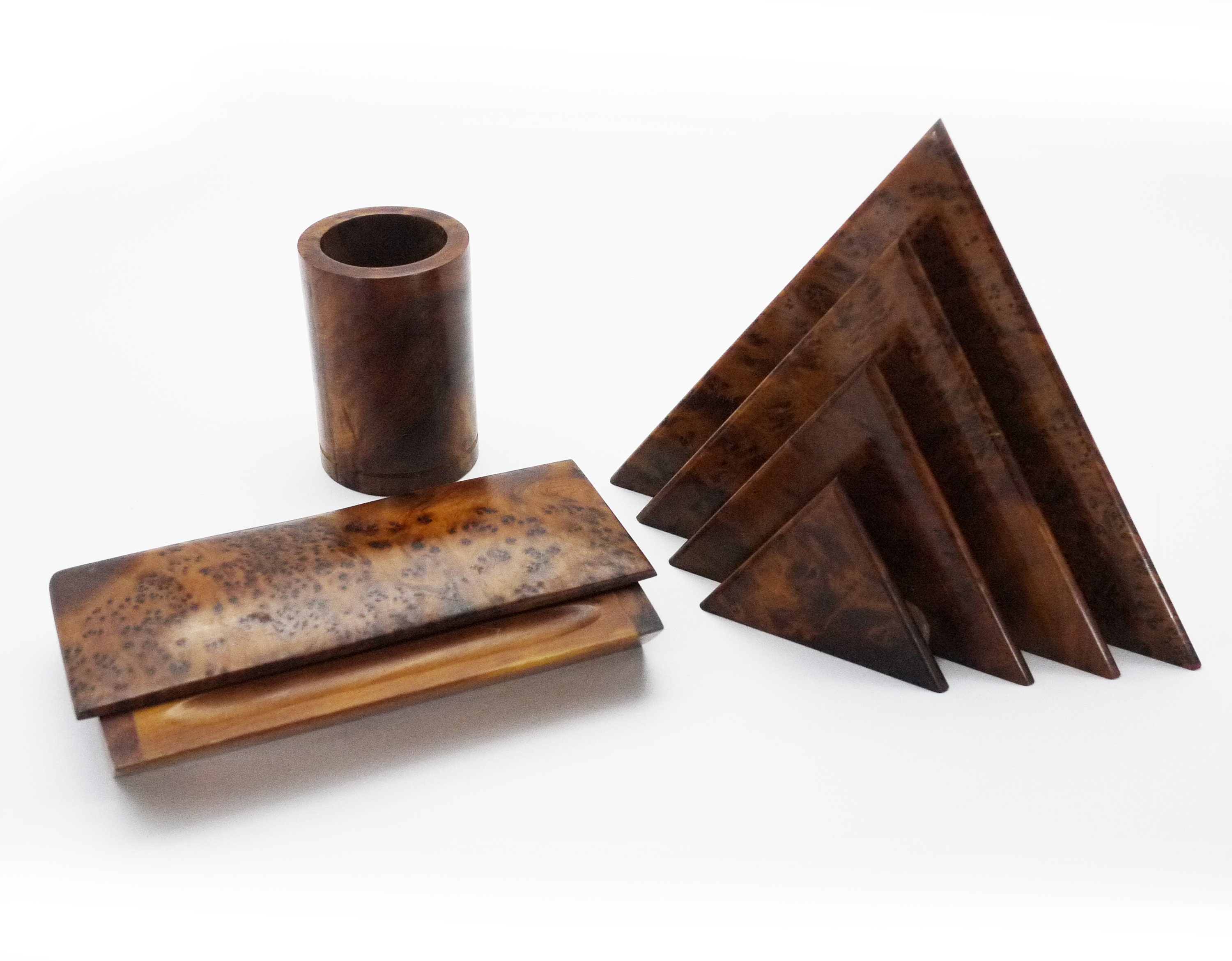 Art Deco Burl Walnut Desk Accessory Set