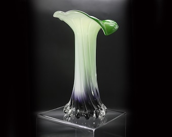 Vintage Jack in the Pulpit Vase Mid century Blown Glass Lily Vase White Purple and Green Decor