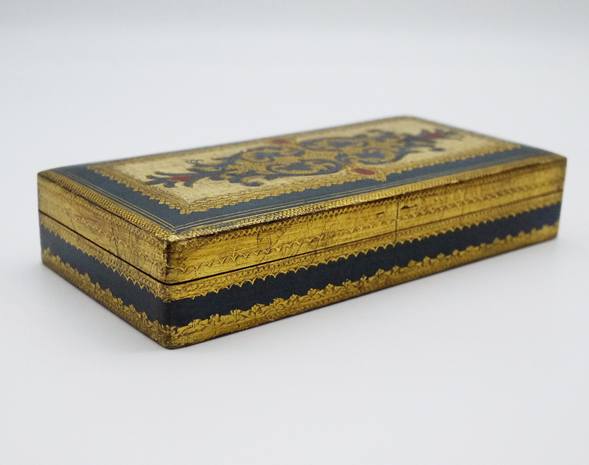 Florentine Jewelry Box, Vintage Italian Wooden Box with Baroque Decor