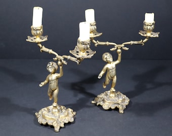Pair of Antique Brass Candelabras with Putti – Vintage Angel Candle Holders, Art Deco Home Decor