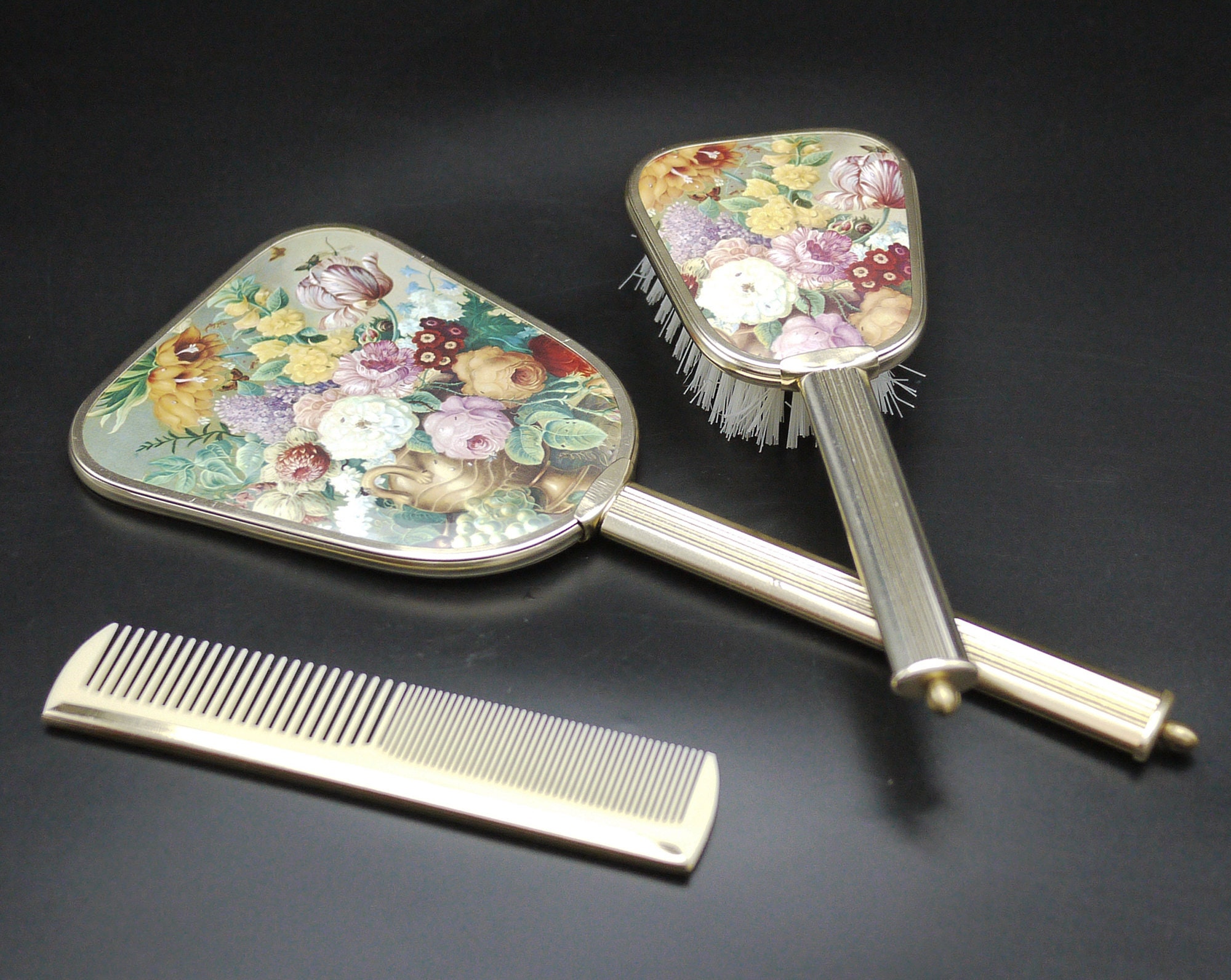French Hand Mirror Brush Comb Vanity Set, Mid Century Rose Floral