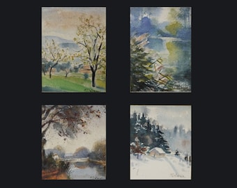 Vintage French Framed Landscape Painting Set of 4 Signed Watercolor Art