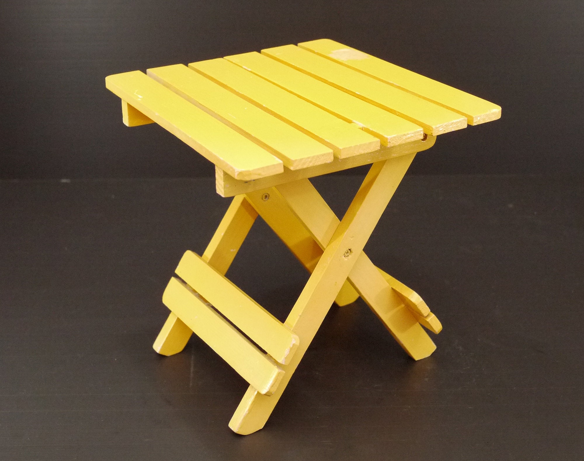 Vintage French Wood Fishing Stool, Yellow Wood Folding Stool