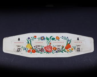 Antique Tea Towel Hooks Art Deco Metal Kitchen Towel Holder with Spring Flowers, French Country Wall Decor