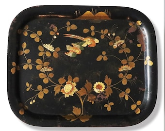 French Napoleon III Tray Antique Hand Painted Toleware Japanese Decor Large Distressed Serving Tray