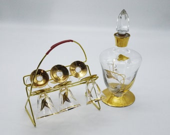 French Crystal Decanter and Shot Glasses set Vintage Liqueur Bottle Shot Glass Caddy