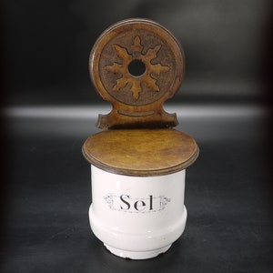 Antique French Salt Box in Carved Wood and Enamel Kitchen Wall Storage