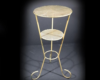 1950s Perforated Metal Side Table French Midcentury Modern Tripod Coffee Table Plant Stand Bronze Color