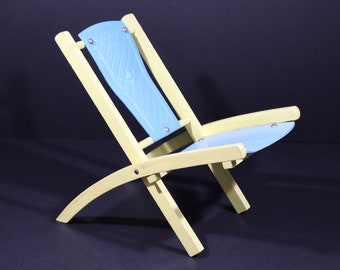 Vintage Doll Toy Beach Chair, Blue Yellow Folding Deck Chair